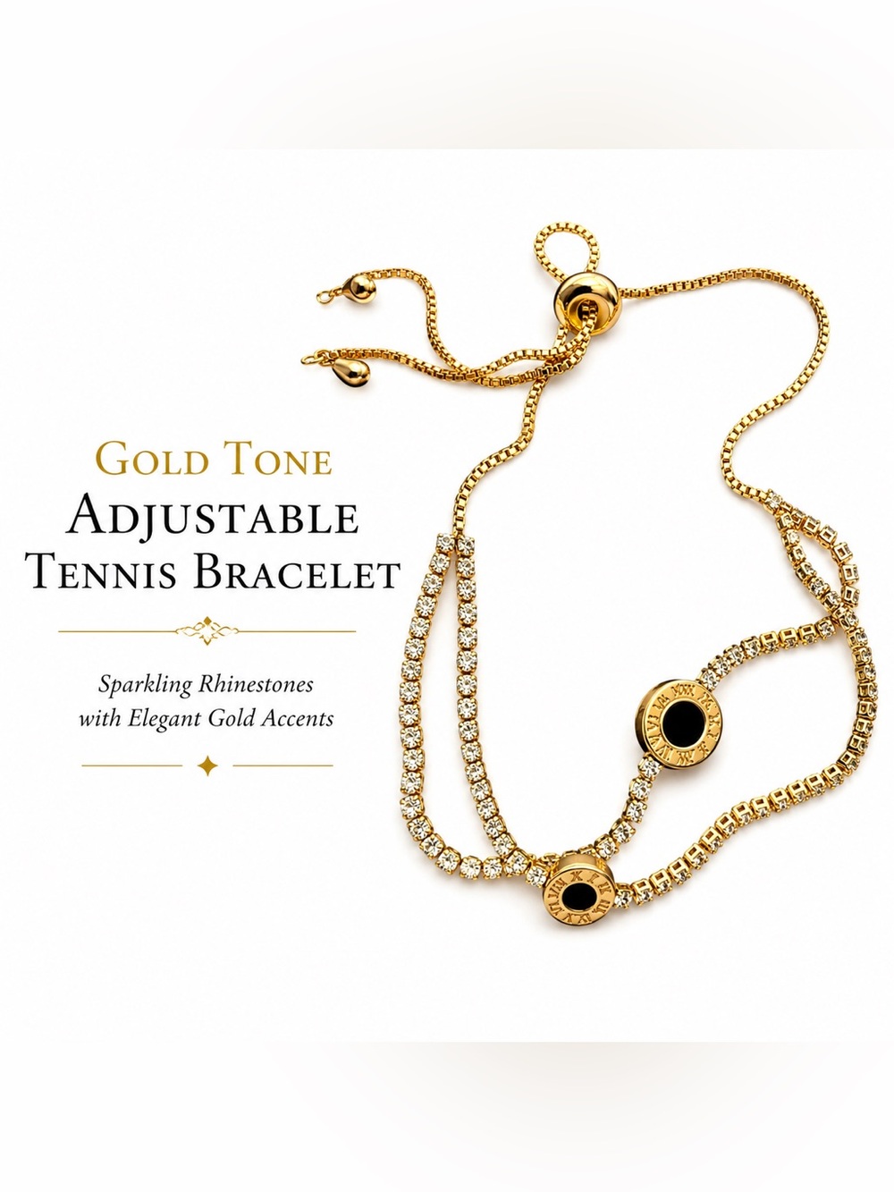Gold Tone Adjustable Tennis Bracelet Rhinestone Roman Numeral Charm Bracelet
